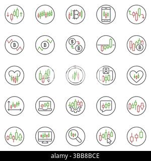 Cryptocurrency Trading round outline icons set - Candlestick Chart financial thin line concept symbols Stock Vector