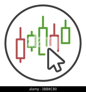 Candlestick Chart with Mouse Cursor vector concept Stock Market Trading round icon or symbol in outline style Stock Vector
