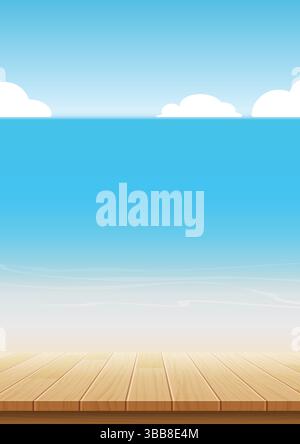 summer background blue sky with sea and wooden for product display montages. Stock Vector