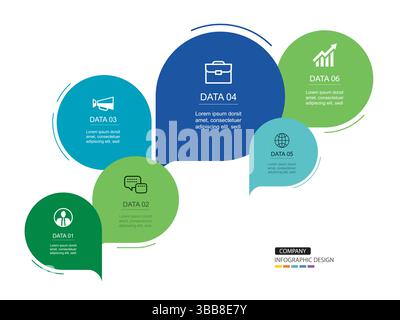 Infographics speech bubbles timeline with 6 number data template. Illustration abstract background. Stock Vector
