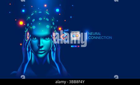 Patient with chip implanted in brain sends brain signals to electronic chip. Chip is connected to the neurons of the human brain and receives signals Stock Vector