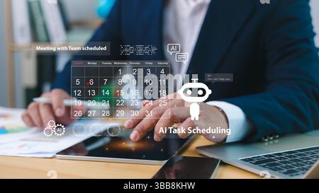 AI task scheduling timeline, AI-enhanced tools empower teams manage workloads, Businessman organizing schedule using Ai, Multitasking to finish daily Stock Photo