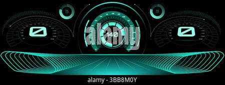 Vector illustration. Futuristic neon car HUD with digital speedometers and virtual road perspective. Surreal art collage. Stock Vector