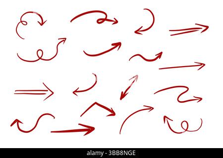 Red arrow mark hand drawn sketchy paintbrush, swirl arrows set, doodle highlight mark or check. Grunge stroke. Important sign. . Vector illustration Stock Vector