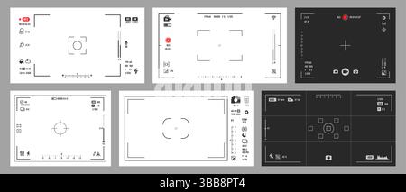 Photo and video camera viewfinder display screen frames set. Vector camera UI digital overlays with focus indicators, recording timers, battery levels, ISO, and zoom icons in white and black colors Stock Vector