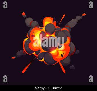 Comic bomb explosion blast effect, cartoon fire and smoke boom clouds, vector TNT explosive burst. Bomb explosion or nuclear explode boom with energy blast and exploding smoke clouds for VFX effect Stock Vector
