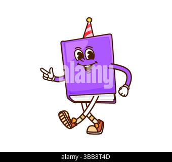 Cartoon groovy book character In party hat. Isolated vector school textbook personage with purple cover showing pointing finger gun gesture. Lively textbook with big expressive eyes and cheerful smile Stock Vector