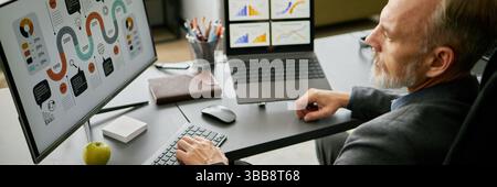 Website header shot of senior man analyzing business charts on dual monitors in modern office setting. Data visualization on computer screens with var Stock Photo