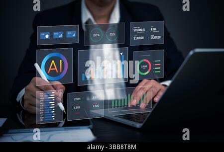 Businessman analyzing AI-powered data visualization with financial charts, analytics, and digital reports. Concept of artificial intelligence, big dat Stock Photo