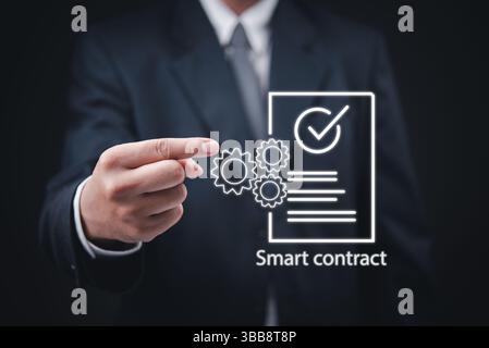 Smart contract automation, secure digital agreement, blockchain business transaction, decentralized finance, AI-powered contract execution, cloud-base Stock Photo