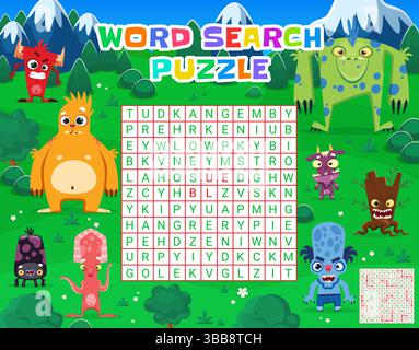 Crossword quiz game, cartoon monster characters. Vector worksheet, kids  test grid, cross word brainteaser for children with funny aliens mutants  and empty letter boxes. Educational baby puzzle task Stock Vector Image &
