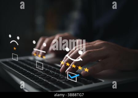 Digital customer review and service quality audit concept. Business compliance, client testimony, and online evaluation process for improving marketin Stock Photo