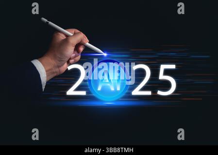 Hand holding pointing at futuristic AI 2025 text with glowing blue design. Concept development and innovation artificial intelligence evolution and di Stock Photo