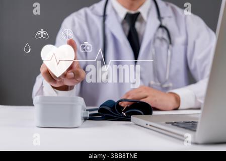 Futuristic healthcare concept with doctor using smart medical technology, AI-driven diagnosis, heart monitoring system, digital treatment solutions, a Stock Photo