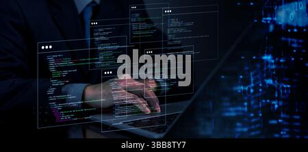 programmer working on artificial intelligence code, showcasing lines of JavaScript and code used to build a chatbot system. The image highlights AI, c Stock Photo
