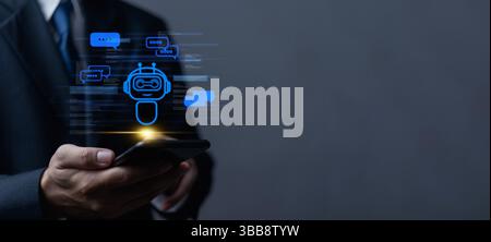 Modern business professionals rely on AI chatbots conversation customer service for communication. user interacts with the chatbot system, showcasing Stock Photo
