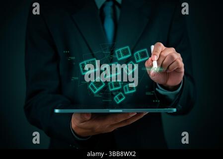 Blockchain technology concept, businessman using digital ledger, decentralized network, smart contracts, crypto transactions, secure data exchange, fi Stock Photo