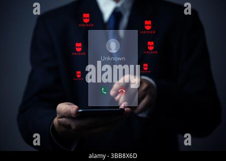 Cybersecurity threat concept, businessman receiving anonymous hacker call, phone scam alert, fraud warning, digital security risk, cyber attack protec Stock Photo