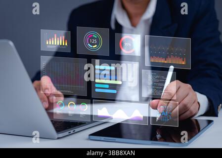Artificial intelligence analytics, business data dashboard, technology-driven decision making, interactive charts, futuristic interface, predictive an Stock Photo