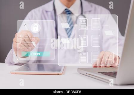 AI healthcare system for secure patient information, medical data login authentication, online health records, cloud security in hospital, digital tra Stock Photo