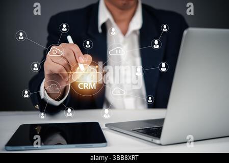 Cloud CRM network for customer data management, AI-powered business intelligence, digital customer engagement, enterprise automation, CRM software for Stock Photo