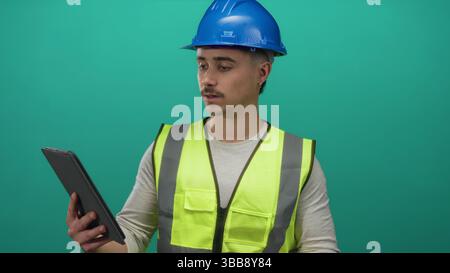 Young hispanic man in reflective vest and hardhat using tablet against isolated green background wall. Stock Photo