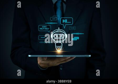 AI chatbot technology, virtual assistant for customer service, futuristic smart automation, AI-powered chatbot on tablet, digital business support, ar Stock Photo