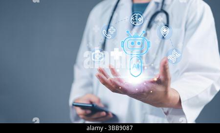 Medical AI assistant, innovative healthcare chatbot in doctor's hand, digital transformation in telemedicine, futuristic concept in smart healthcare s Stock Photo