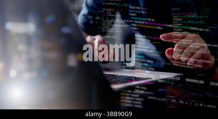 Software IT developer programming code binary data digital technology computer screen coding language dark background software development cybersecuri Stock Photo