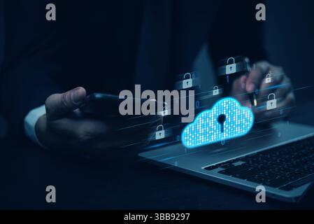 Cybersecurity concept with a businessman using a smartphone and cloud security icons, representing data protection and encryption. Stock Photo
