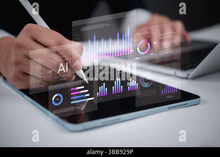 Smart technology and artificial intelligence in business data analysis, featuring a digital dashboard UI Graph and financial and marketing strategy an Stock Photo