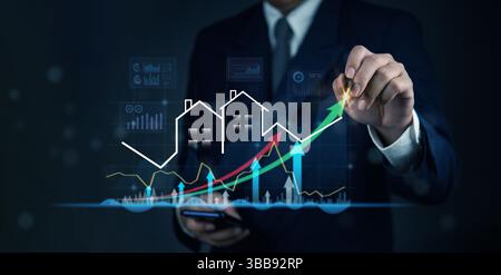 Housing market trends with increasing property value and economic forecast.Real estate investment and property market analytics, financial growth tren Stock Photo