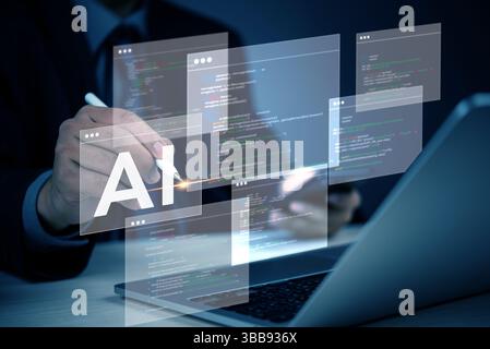 AI artificial intelligence technology and machine learning development programming concept with a businessman innovation writing code data technology Stock Photo