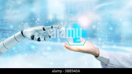 A robotic hand interacting with a digital healthcare symbol, representing the fusion of artificial intelligence and medical technology for future heal Stock Photo