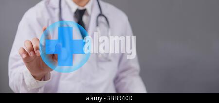 Doctor hand touching digital medical icon in virtual interface, healthcare technology, telemedicine, innovation, hospital online service, digital diag Stock Photo