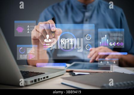 Business KPI dashboard displaying key performance metrics and data analytics. system for corporate goal setting and efficiency tracking. Stock Photo