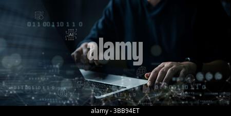 Concept of cyber security with person working on laptop, AI artificial intelligence interface, secure network, data protection, binary code and digita Stock Photo