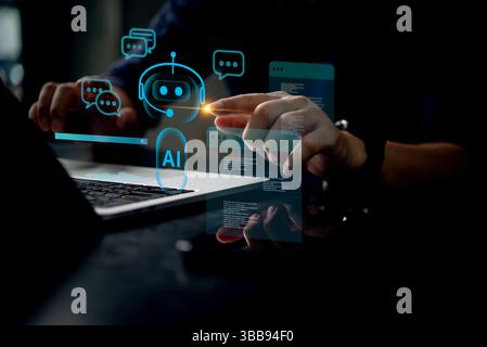 AI machine learning chatbot technology assisting users with automated virtual communication. Futuristic interface artificial intelligence enabling sma Stock Photo