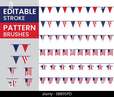 USA Patriotic Bunting Banner Brushes Set, Editable Stroke American Flag Garland Design, 4th of July Stars and Stripes Pattern Brush Pack Stock Vector