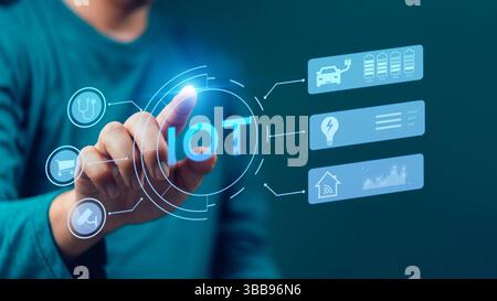 Internet of Things technology connecting smart devices for automation. Businessman interacting with IoT applications, smart home, and digital automati Stock Photo