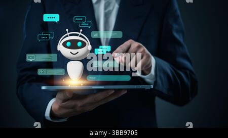 businessman interacting with a digital chatbot on a tablet, symbolizing artificial intelligence, automated customer service, and AI-powered communicat Stock Photo