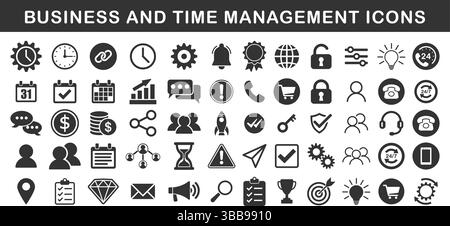 Business and time management icon symbol set. Marketing work logo sign collection. Icons pack. Vector illustration image. Isolated on white background Stock Vector