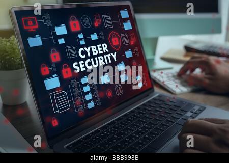 A cybersecurity awareness simulation data protection concept laptop screen displays digital illustration of cybersecurity with padlocks, folders Stock Photo