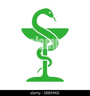 Medical logo design, pharmacy symbol with snake and chalice bowl. Healthcare doctor pharmacy. Vector illustration image. Isolated on white background. Stock Vector