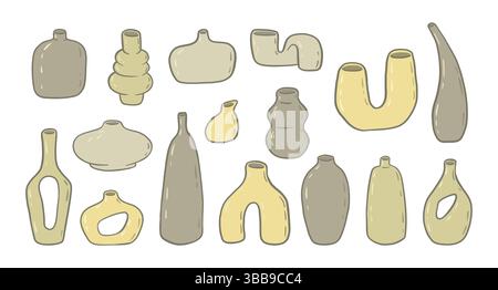 Set of abstract ceramic vases in minimalistic hand drawn style. Collection of modern decorative pottery objects with organic shapes and earthy colors Stock Vector