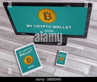 Crypto wallet concept shown on different information technology devices Stock Photo