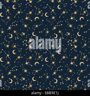 Crescent moon, stars and star constellations. Watercolor illustration. Seamless pattern. Celestial bodies are isolated a dark background. The theme of Stock Photo