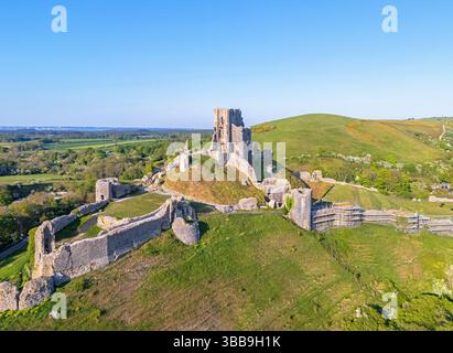 Corfe Castle, Dorset. United Kingdom. 05.09.2025. A fine Spring Aerial Image of the ruins of Corfe Castle. 9th May 2025 Stock Photo