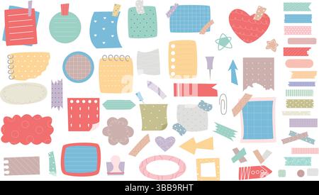 Cute colorful sticky notes, papers, leaflets, bookmarks, sticky tape, notes set. Hand drawn cozy collection of elements for keeping diary, decorating Stock Vector