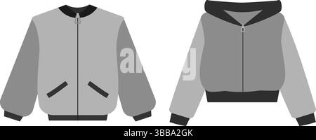 This captivating illustration showcases a trendy bomber jacket paired with a cozy hoodie, both in appealing shades of gray, making them perfect for crafting a stylish yet comfortable everyday look Stock Vector